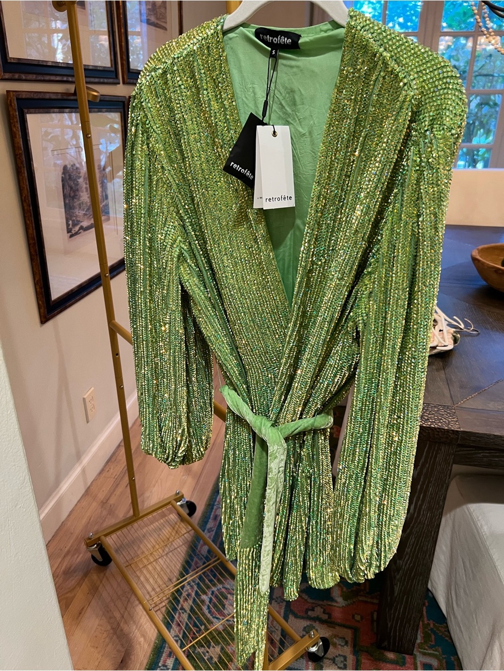 Retrofete Green Sequin Tie-Waist Jacket dress